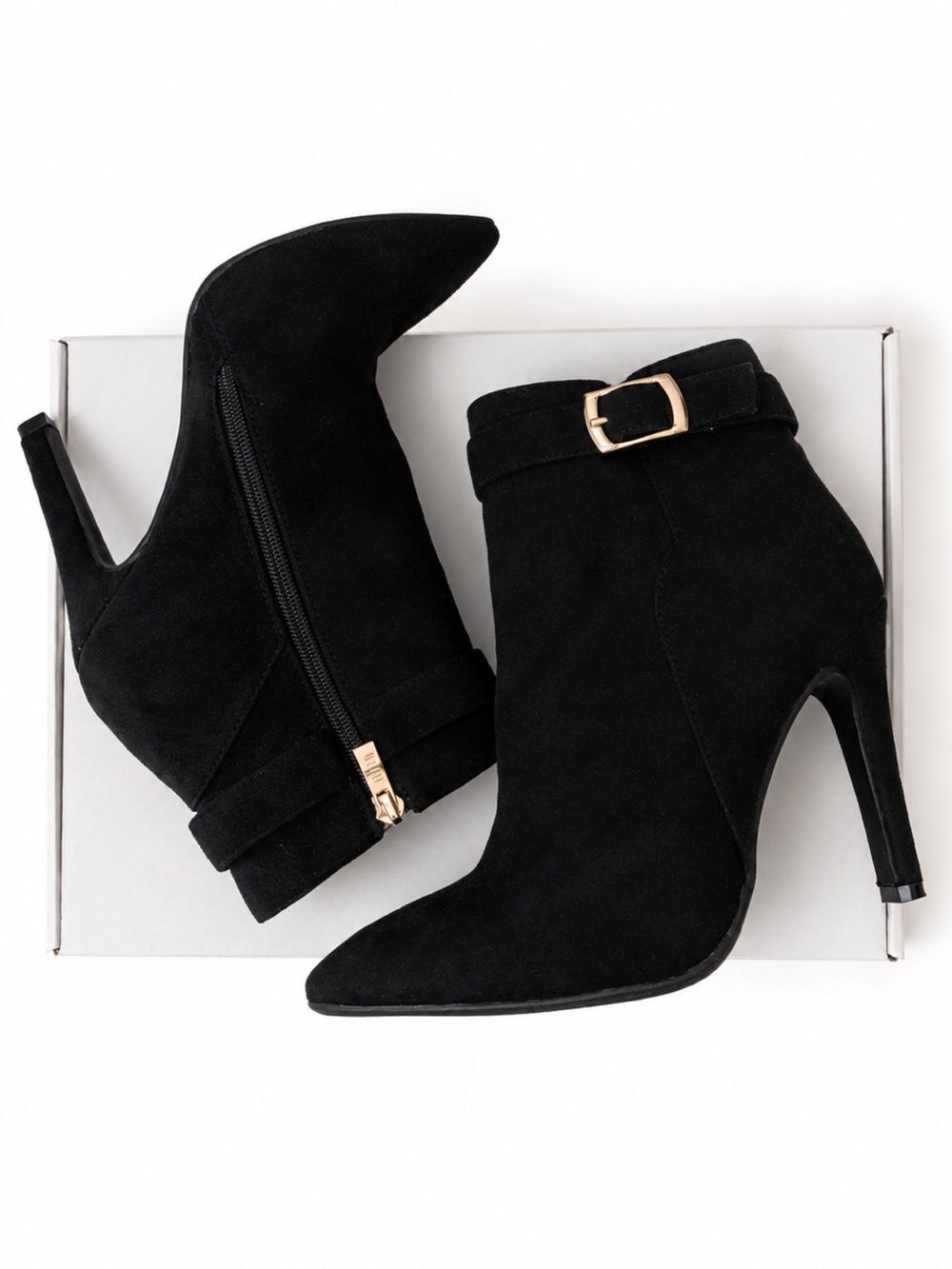 IDIFU Black Faux Suede Pointed Toe Ankle Booties Size 7.5 NWOB Heel Buckle - Picture 2 of 14